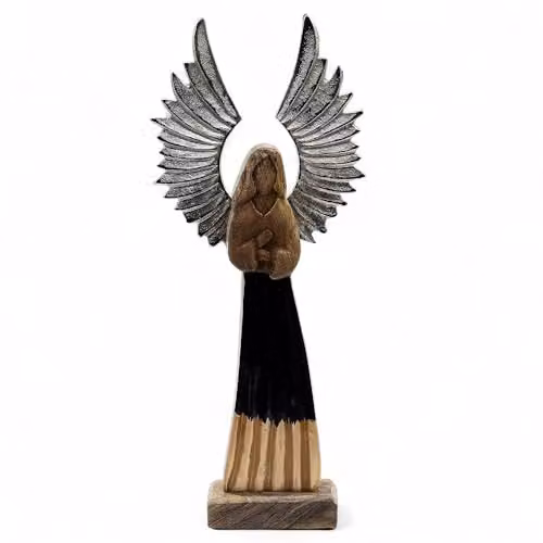 Buddha-Buddha Handcrafted Mango Wood Guardian Angel Figurine, Brown and Silver with Black Metal Wings, H 40 x W 17 x D 5 cm