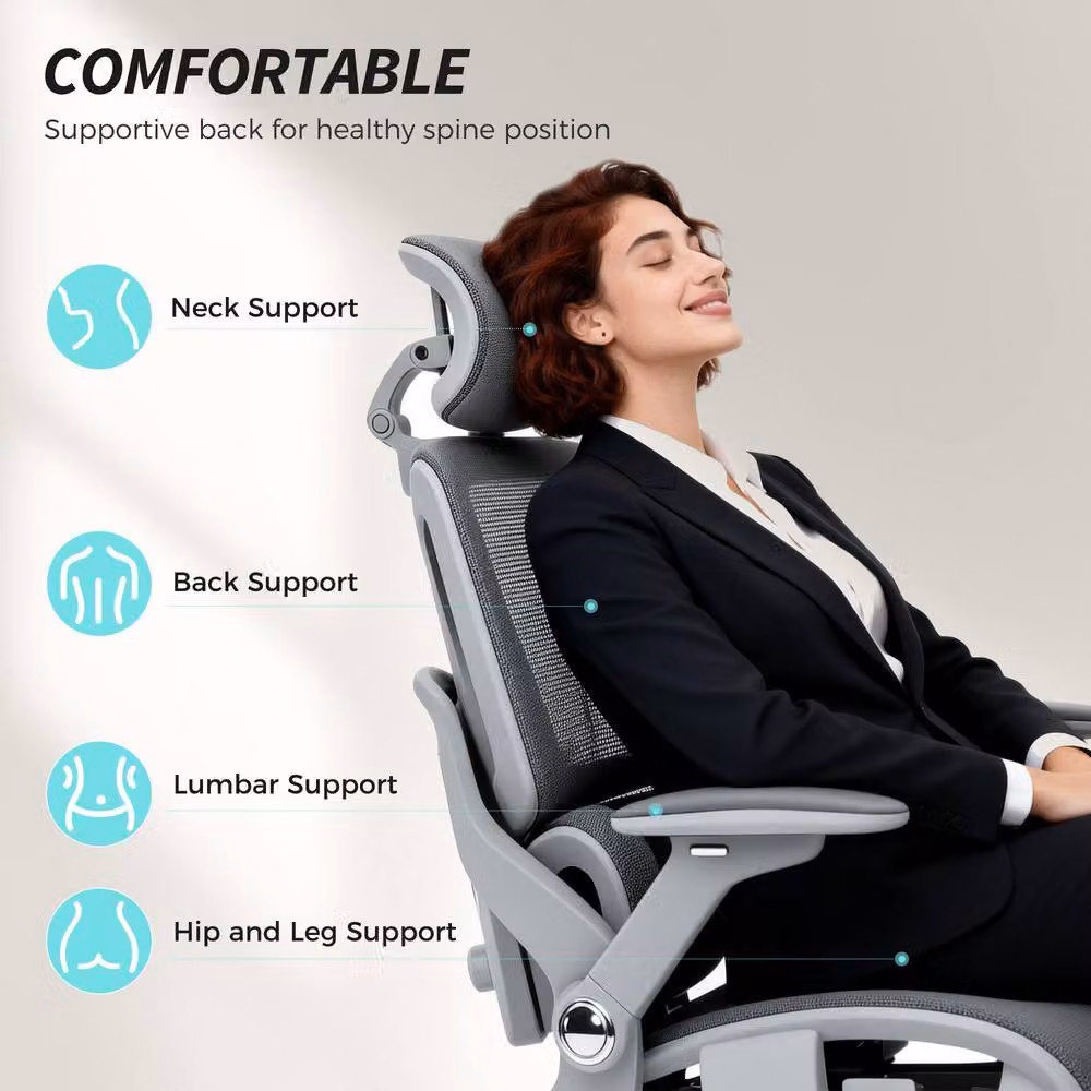 STILVORA Ergonomic Grey Fabric Office Chair with Headrest and Armrests – 5