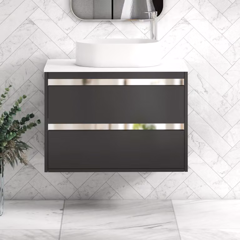 Royal Bathrooms Orion 800mm Wall Hung Vanity Unit in Matt Obsidian Black with White Countertop and 2 Drawers