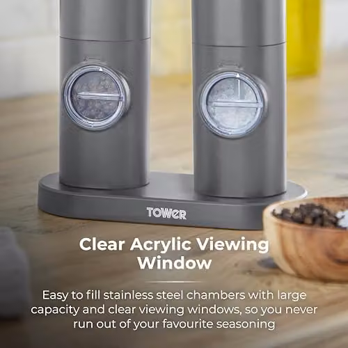 Tower Rechargeable Electric Salt and Pepper Mills with Adjustable Ceramic Grinders in Grey Stainless Steel – 3