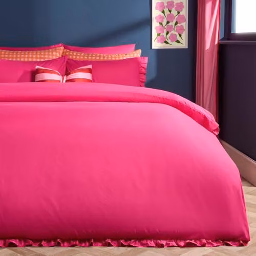 OHS Pink Microfibre Double Duvet Cover and Pillowcase Set with Frill Edges, W/D/H: 200 x 200 cm