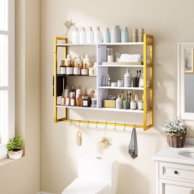 Gymax 6-Tier Wall Mounted Shelf with 8 S-Hooks, White and Gold Faux Marble Surface, Height: 107 cm – 1