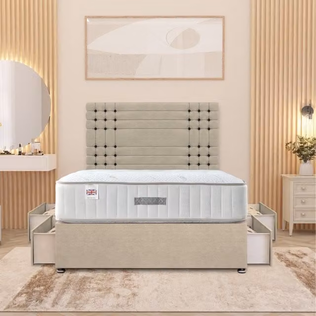 Somnior Beds Ltd Saville Tweed Fabric Divan Bed Set with Headboard and Drawers, Beige and Yellow, W/D/H: 140 x 200 cm