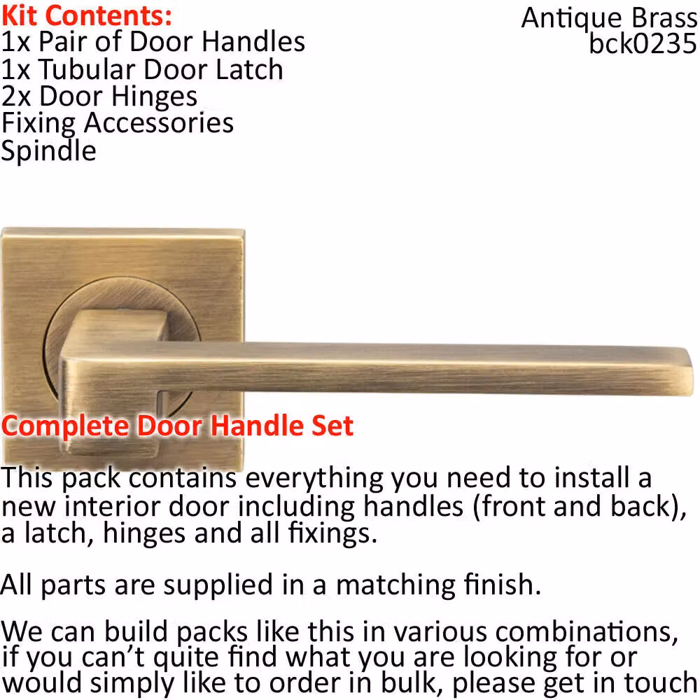 Loops Antique Brass Straight Lever Door Handle and Latch Pack with Square Rose – 2