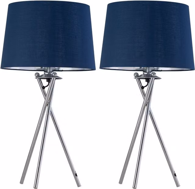First Choice Lighting Set of 2 Chrome Tripod Lamps with Blue and Silver Fabric Shades, H 53.0 cm x W 28.5 cm x D 28.5 cm – 1