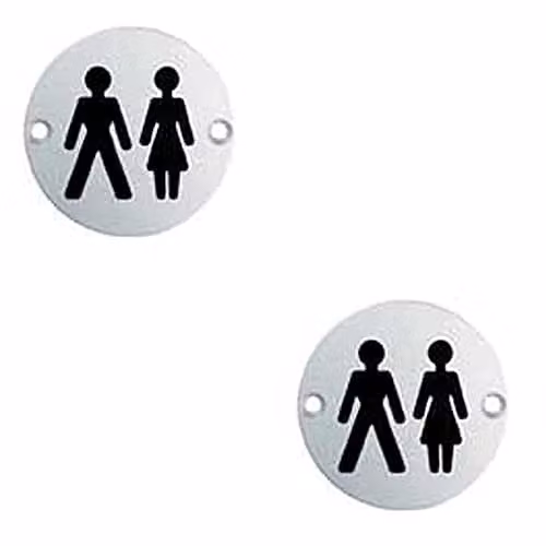 Loops 2 Pack Unisex Bathroom Door Symbol Signs in Matt Silver Satin Anodised Aluminium, Diameter: 7.6 cm – 1