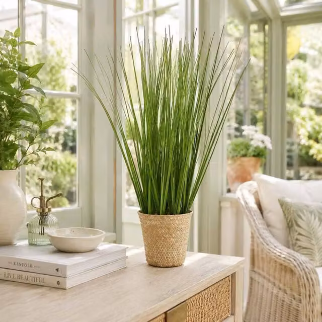 Madison & Mayfair Modern Artificial Grass Plant in a Green Round Rattan Tabletop Basket