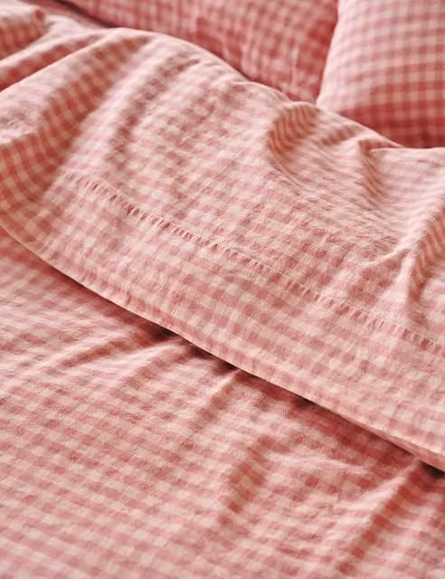 Piglet In Bed Pink Gingham Linen Rich Checked Flat Sheet W/D: 180 x 200 cm