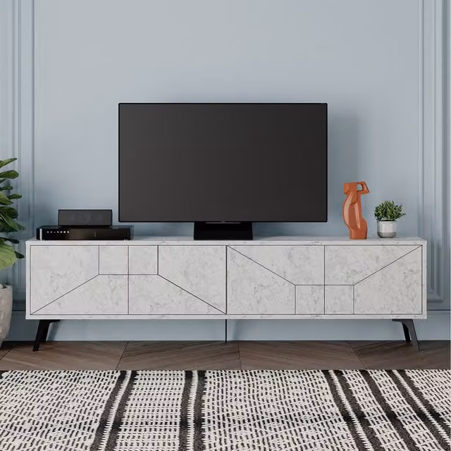 Decortie Modern Geometric TV Stand in White and Silver with Metal Accents