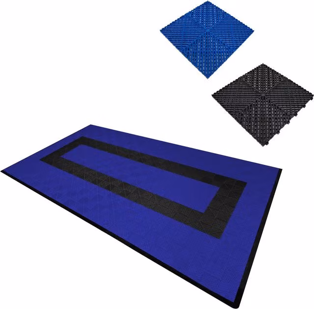Monstershop Vented Garage Floor Tiles with Edges, Blue and Black Plastic Set