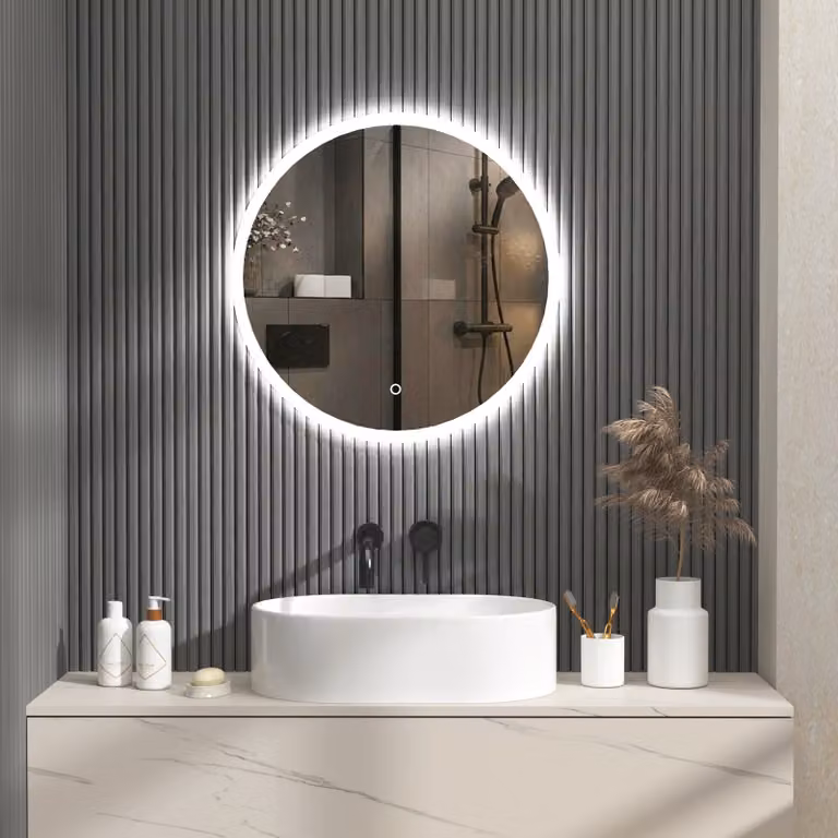 Royal Bathrooms Enso Round Frameless LED Illuminated Mirror in Silver with Demister Pad and Touch Sensor, W: 60 cm, H: 60 cm