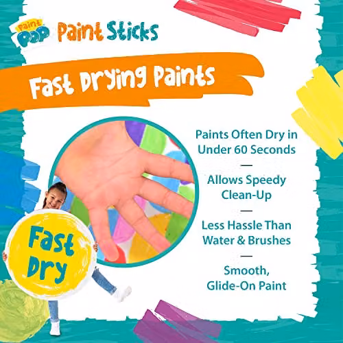 Paint Pops 24 Pack Water Soluble Fast Drying Mess Free Wax Paint Sticks for Children in White and Multicolour – 4