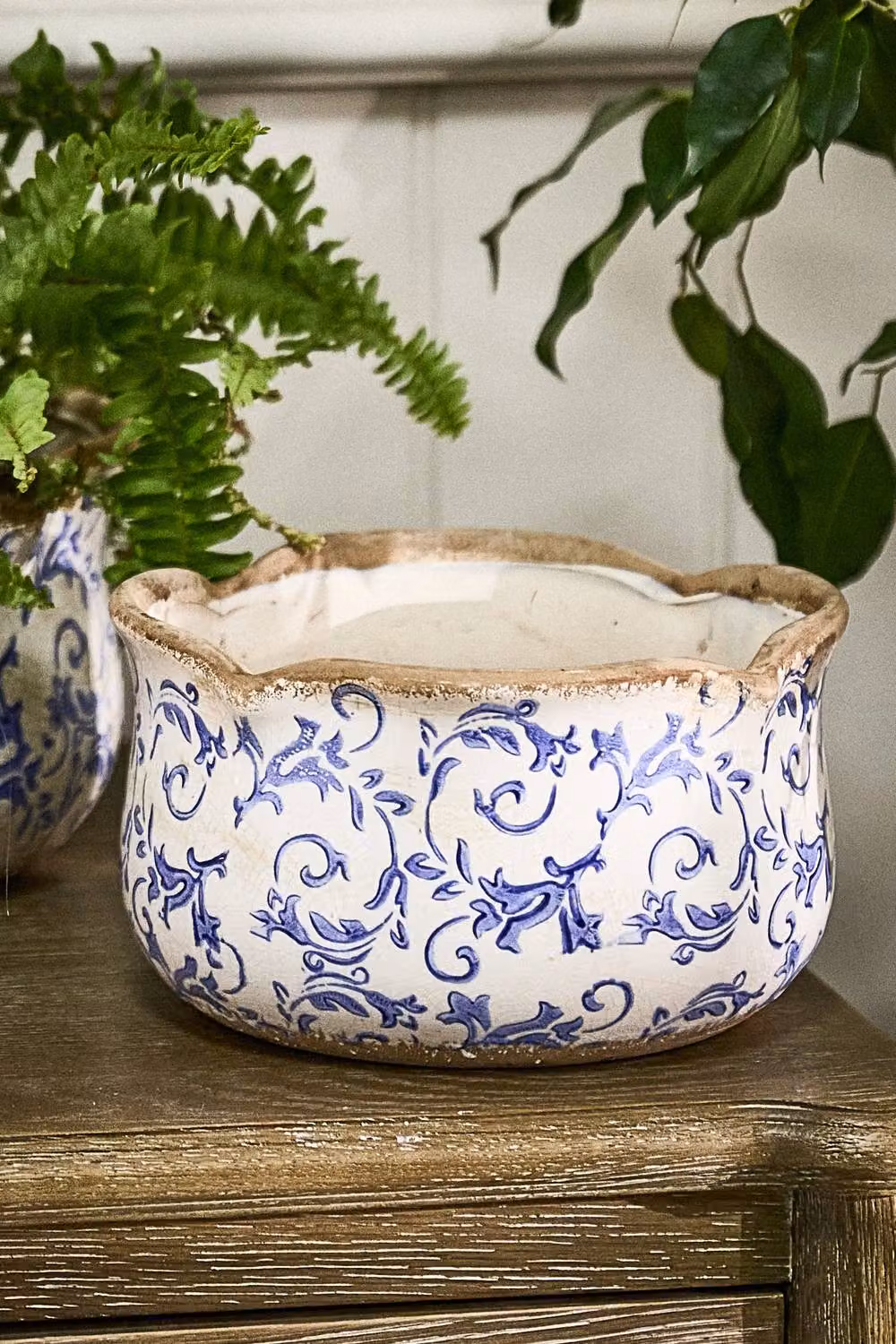 Dibor Set of 3 Vintage Solene Blue Botanical Ceramic Flower Planters in Beige and Blue – 4