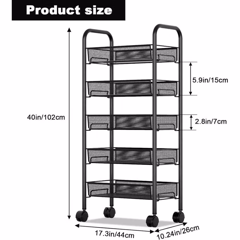 VOGREX 5-Tier Small Rolling Utility Cart on Wheels in Black – 2
