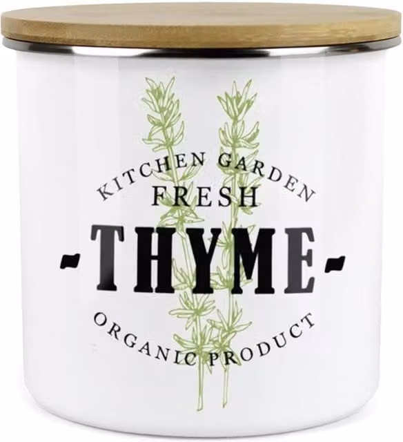Purely Home Green Label Herbs Storage Canister - Thyme - White and Green Enamel Metal