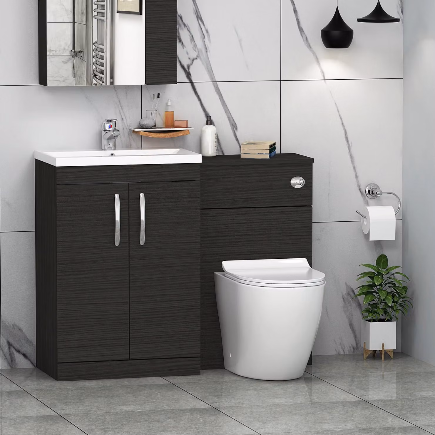 Royal Bathrooms Turin Black Matt 2-Door Slim Floor Standing Bathroom Furniture Pack with Elva Toilet Unit