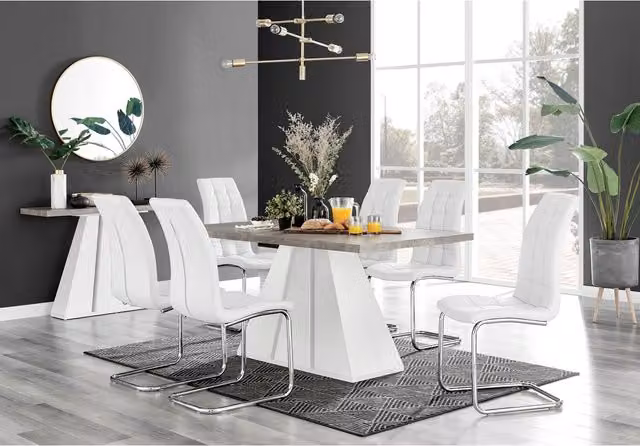 FurnitureboxUK Athens Grey Concrete Rectangular Kitchen Dining Table and 6 White Murano Chairs