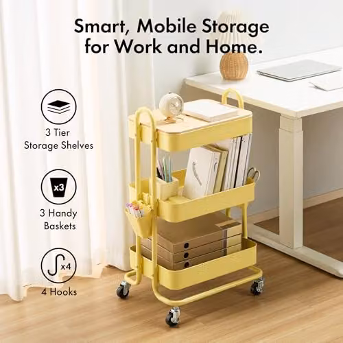 VonHaus 3 Tier Yellow Storage Trolley with Bamboo and Metal Construction, W/D/H: 79.5 x 46 x 36 cm – 2