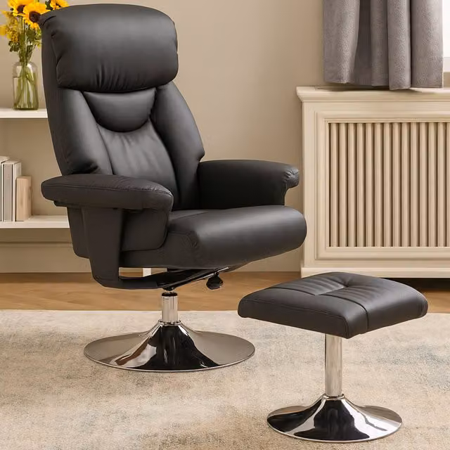 Orsina Denton Black Leather Effect Reclining Chair and Footstool