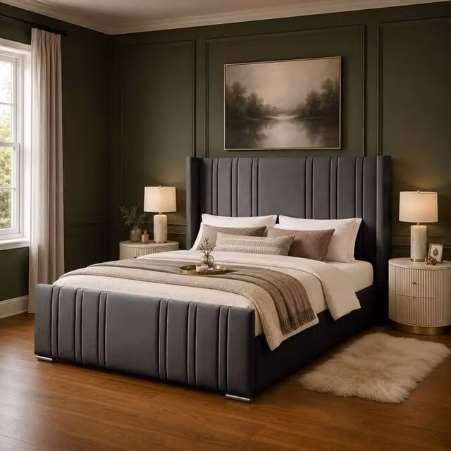 Desire Deco Luxury Gerald Wingback Upholstered Velvet Bed Frame in Anthracite Grey, W/D/H: 180 x 200 cm