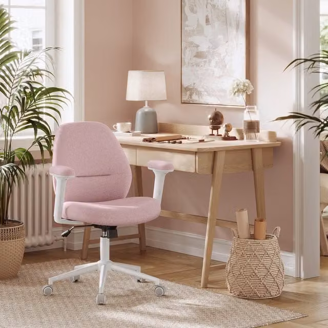 SONGMICS HOME Modern Adjustable Pink Task Chair with Armrests and Swivel Design in Cotton-Linen Fabric