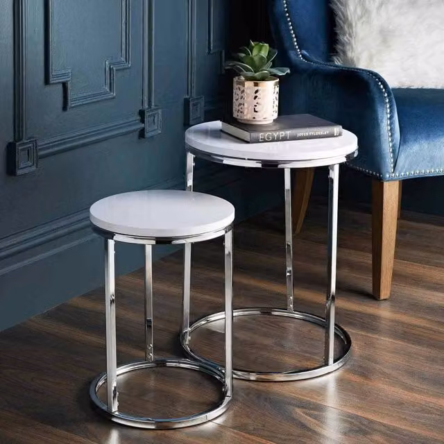 SPOT ON DEALZ Nest of 2 Round Chrome and White Wooden Side Tables – 1