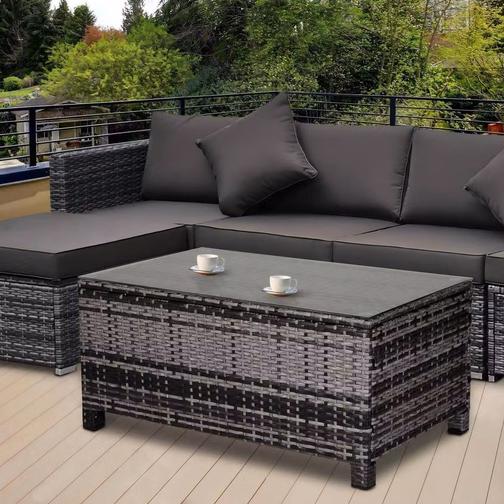 STILVORA Garden Coffee Table with Grey Rattan and Glass Top, W: 85.0 cm, D: 39.0 cm – 2
