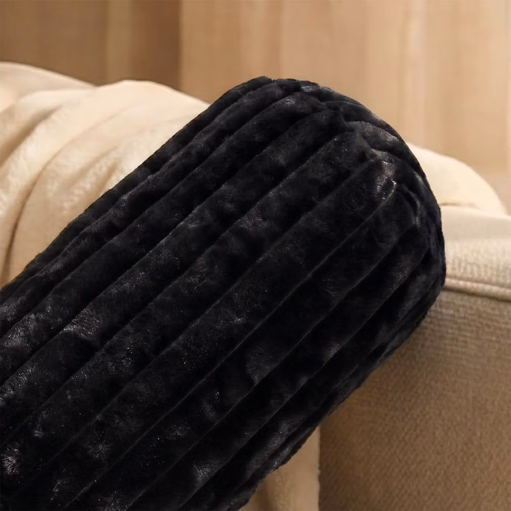 OHS Black Faux Fur Ribbed Round Bolster Cushion – 2