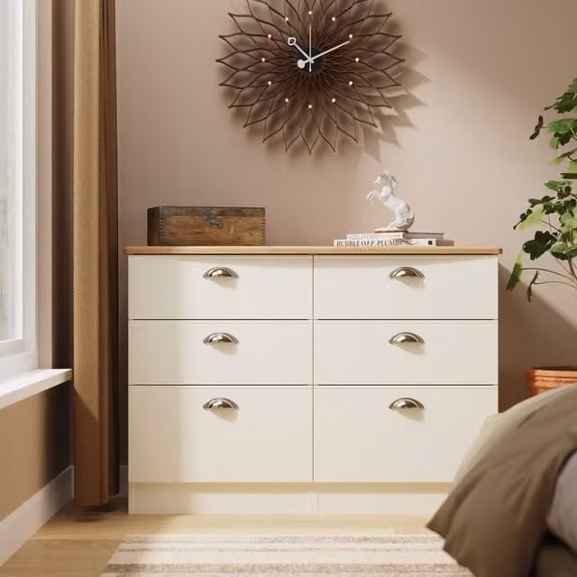 Victoria Ready Assembled 6 Drawer Midi Chest in Cream Ash and Riviera Oak