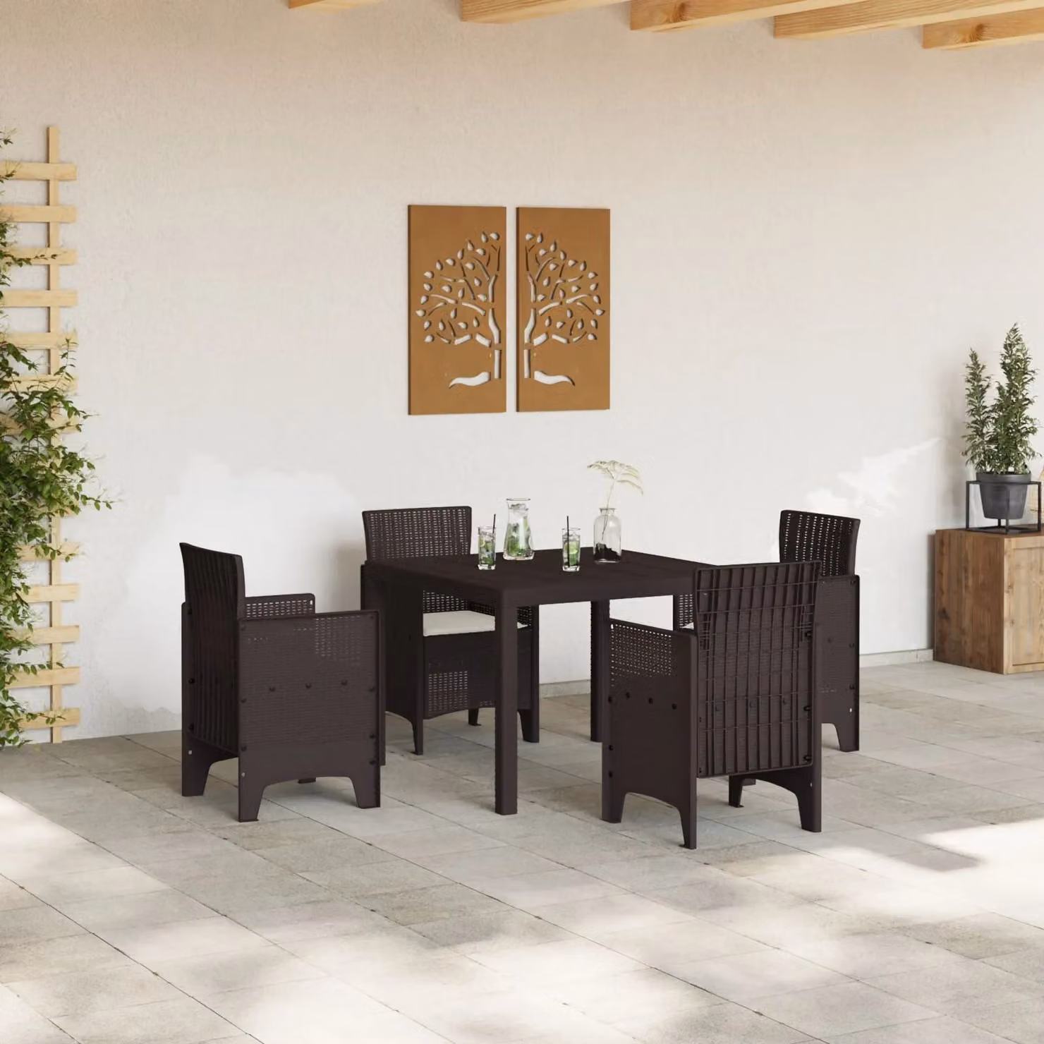 Berkfield Home 5 Piece Brown Poly Rattan Garden Dining Set with Cushions – 3