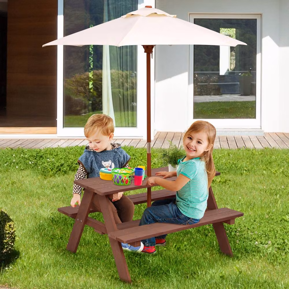 Costway 3 in 1 Childrens Outdoor Picnic Activity Table with Removable Umbrella in Brown – 2