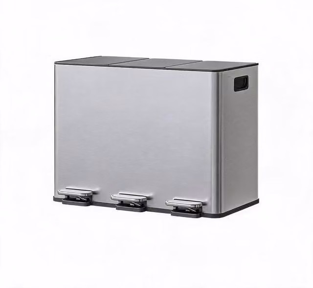London Boutique 45L 3 Compartment Stainless Steel Kitchen Pedal Bin in Silver, W/D/H: 62.0 x 45.0 x 36.5 cm