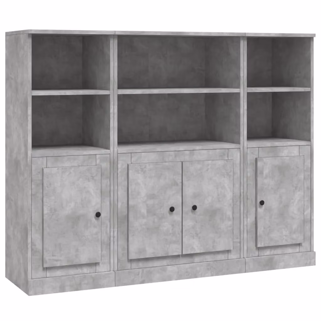 Berkfield Home Set of 3 Modern Wall Mounted Highboards in Concrete Grey with Hinged Doors and Open Shelves – 2