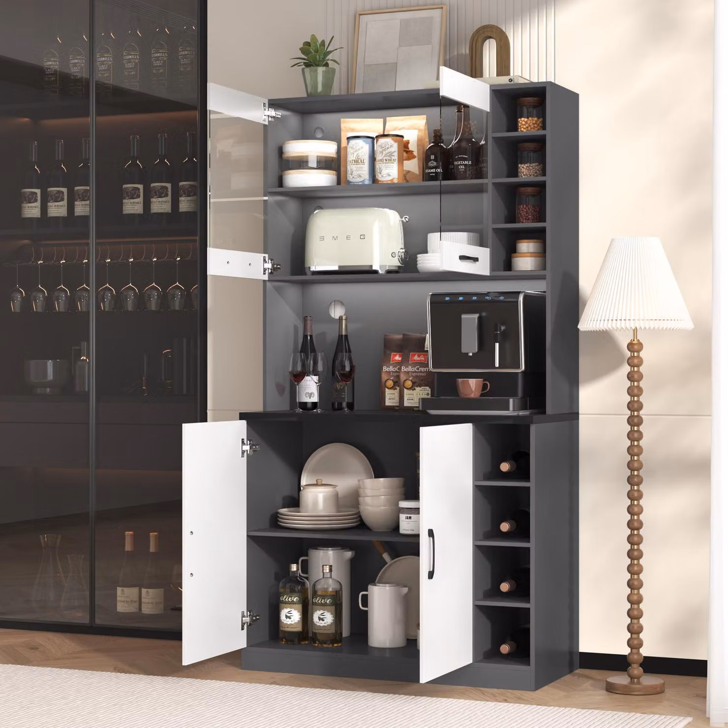 Aosom UK Tall Kitchen Cupboard with LED Lighting and Glass Doors, White and Grey, W: 47 cm, D: 47 cm, H: 187 cm – 7