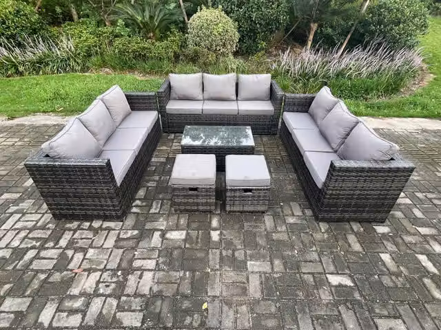 Fimous Outdoor Lounge Sofa Set in Dark Grey, featuring a 3-Seater Rattan Sofa, Coffee Table and 2 Matching Ottomans