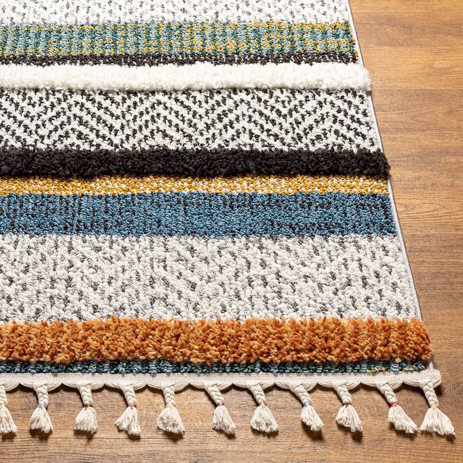 Livabliss Lofty-Shaggy Vintage Boho Plush Soft Pile Fringe Rug in Multicolour (White, Black, Yellow) W: 200 cm, D: 275 cm – 5