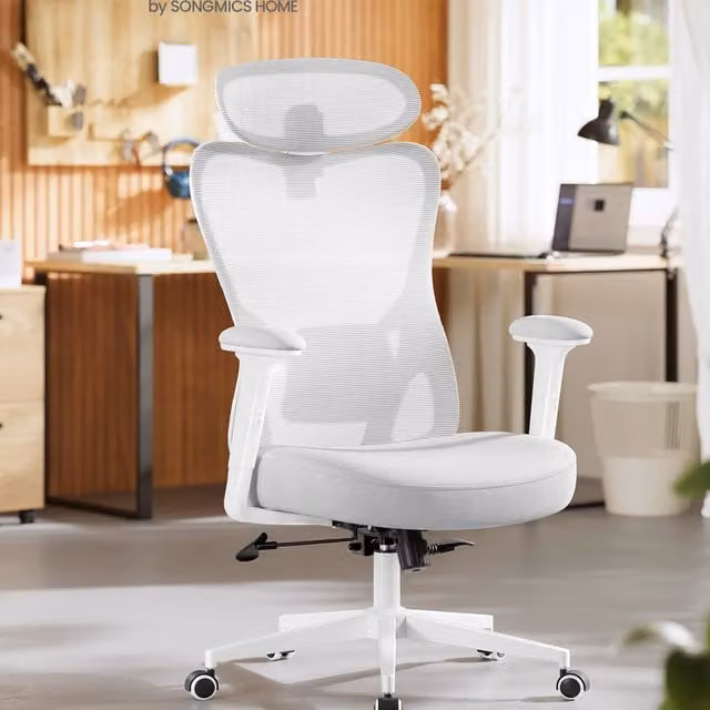 SONGMICS Ergonomic Grey Fabric Office Chair with Headrest and Armrests