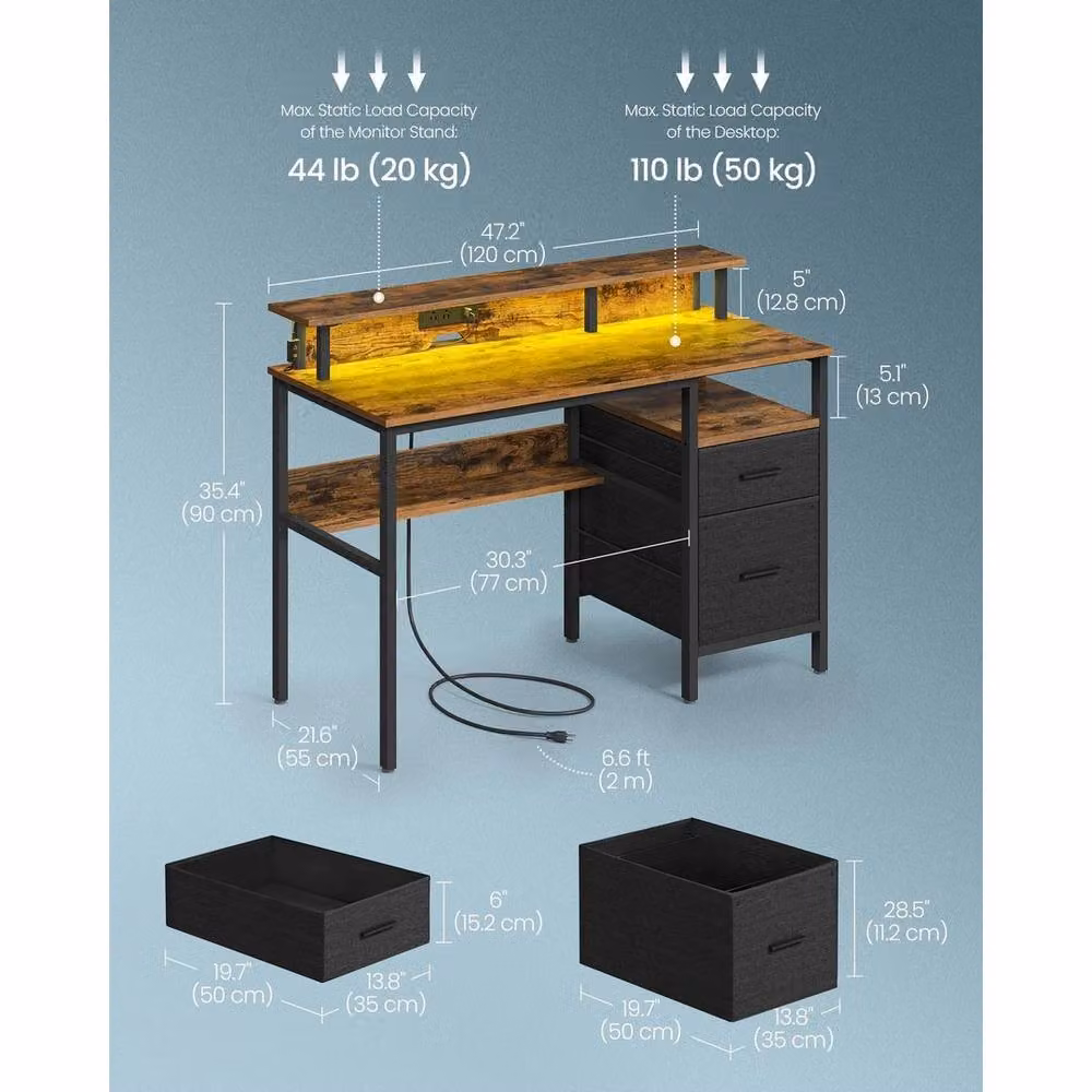 FORGEVIO Brown Computer Desk with Fabric Drawers, W: 120 cm, D: 55 cm, H: 90 cm – 2