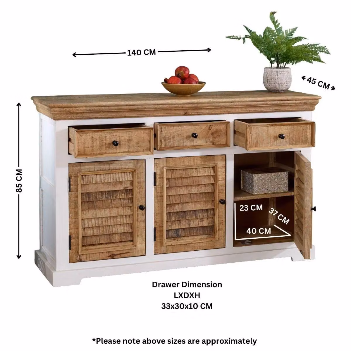 IH Design Curley White Solid Mango Wood Large Sideboard with 3 Doors and 3 Drawers, W: 140 cm, H: 85 cm, D: 45 cm – 3