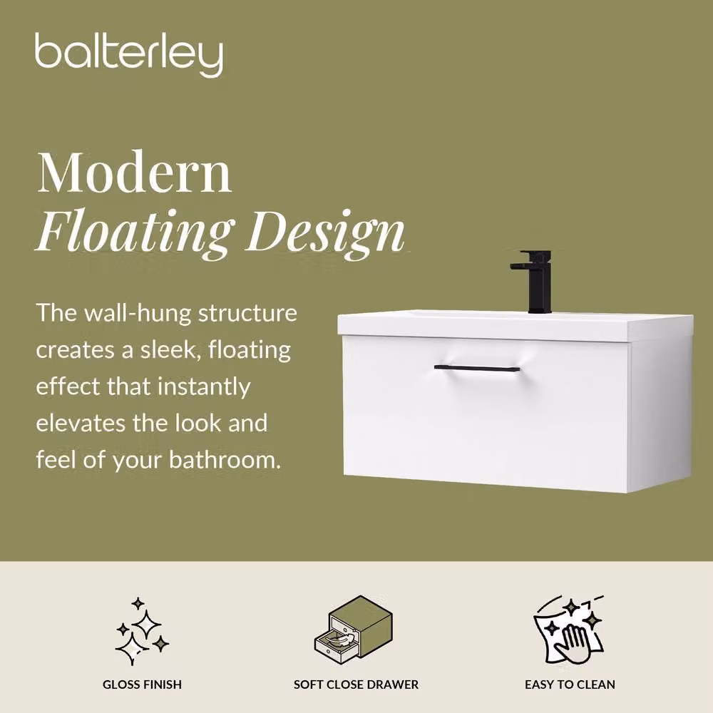 Balterley Gloss White Wall Hung 1 Drawer Vanity Basin Unit with Black Handle, Width: 80 cm – 2