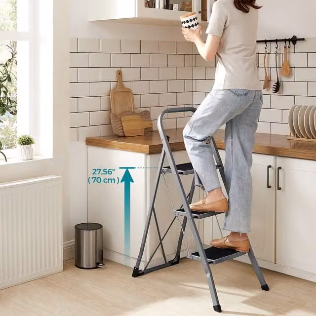 SONGMICS 3-Step Folding Steel Step Ladder with Safety Lock and Rubber Feet, Grey