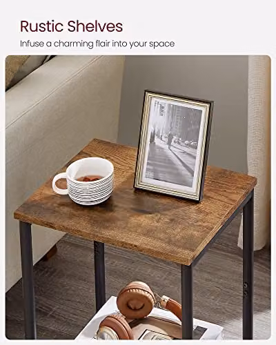 VASAGLE Set of 2 Industrial Style Side Tables with 2-Tier Serving Shelves, Rustic Brown and Black – 3