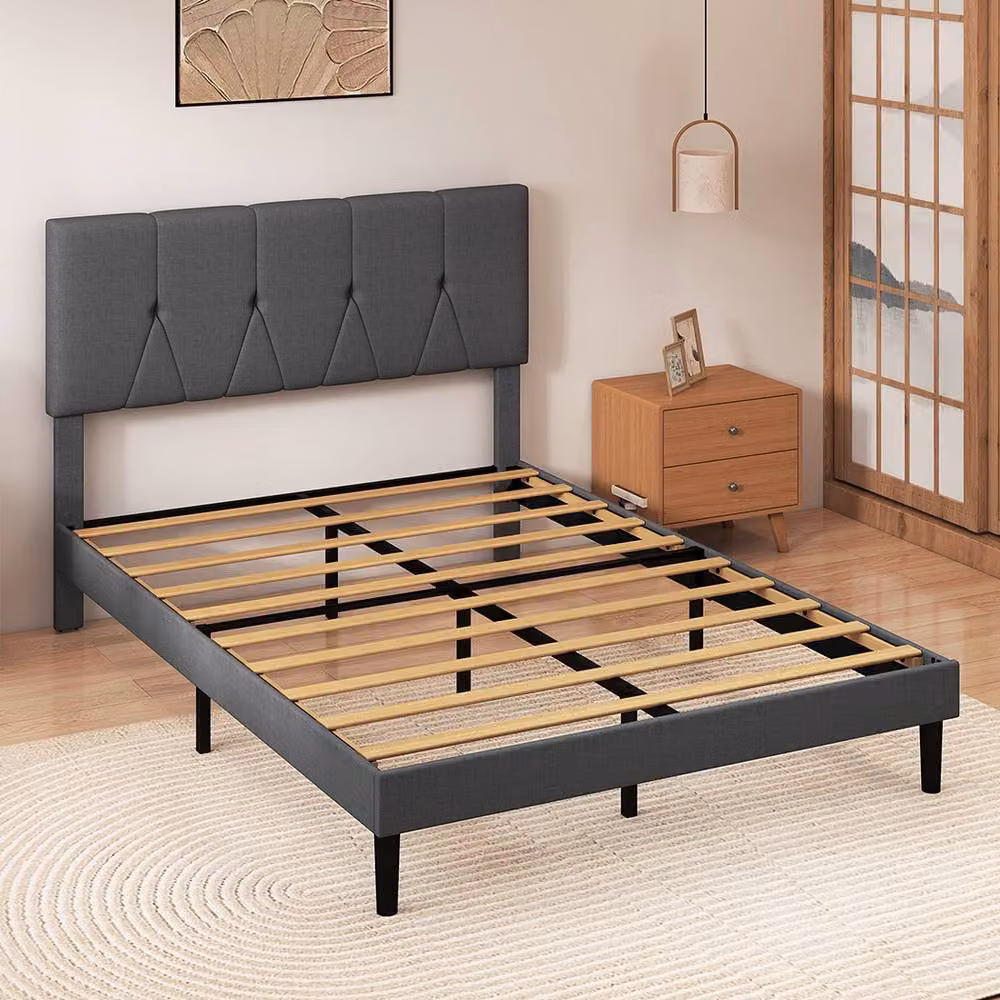 Levede Upholstered Fabric Bed Frame with Headboard in Grey, W/D/H: 140 x 200 cm – 2