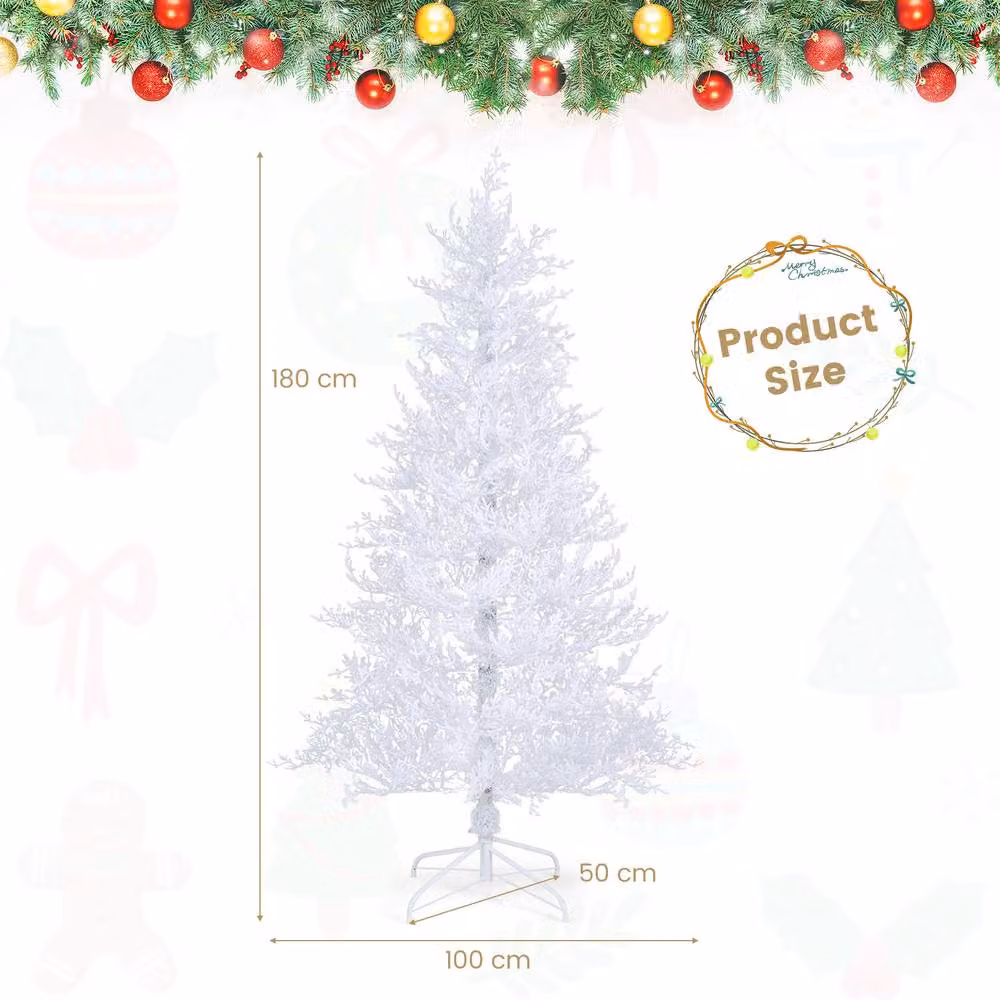 Gymax 180 cm Pre-lit Artificial Christmas Tree with Snow Flocked Branch Tips in White – 2