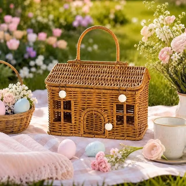 FLAVORA Brown House-Shaped Rattan Wicker Picnic Basket with Handles – 1