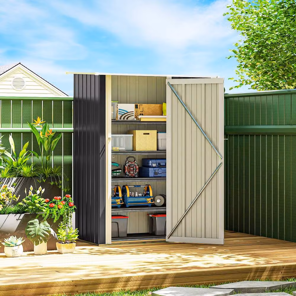 Rolipo Metal Garden Shed with Sloped Roof and Lockable Door, Grey, W: 152.4 cm, D: 91.44 cm, H: 152.4 cm – 4