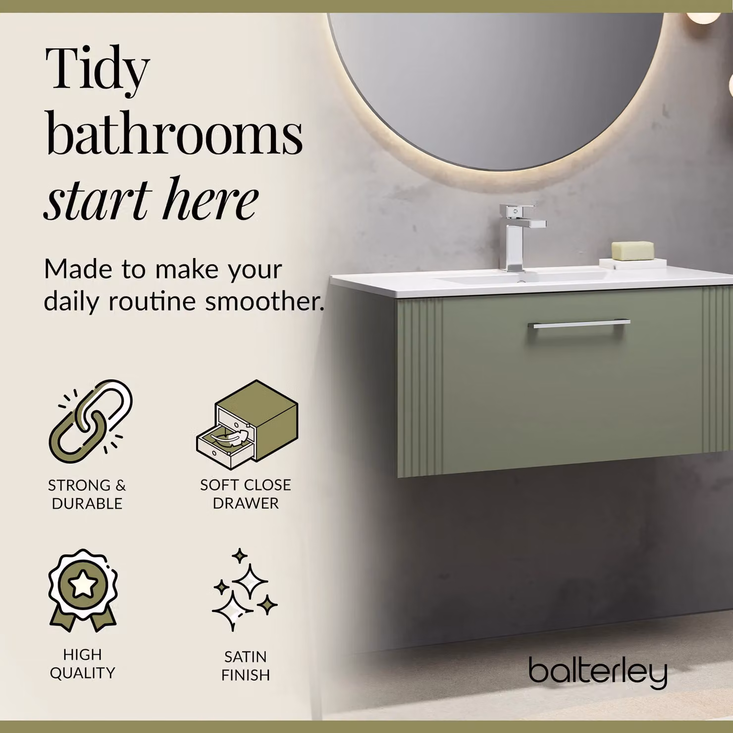 Balterley Wall Hung 1 Drawer Vanity Unit with Minimalist Basin, Satin Green, Width: 80 cm – 3