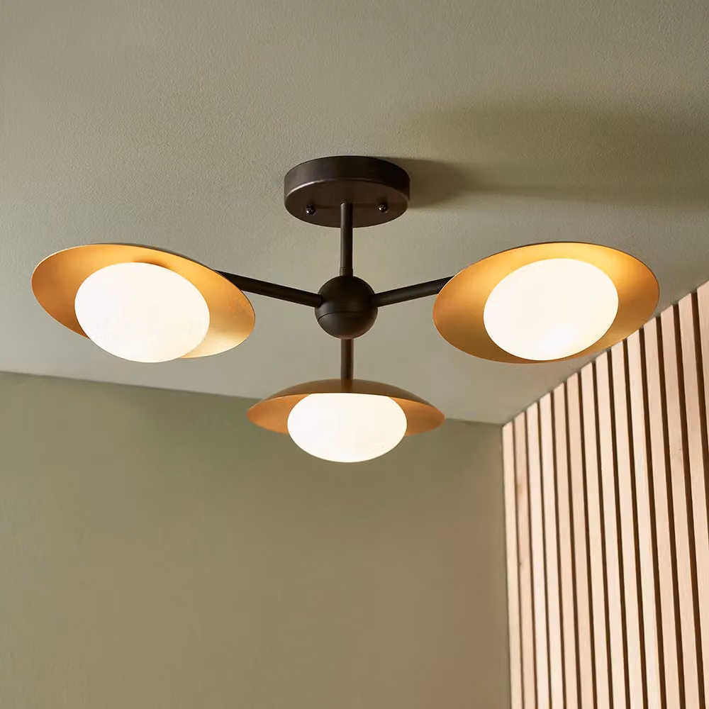 Loops Gold and Bronze Semi Flush 3 Bulb Ceiling Light with Transparent Glass Shades – 2