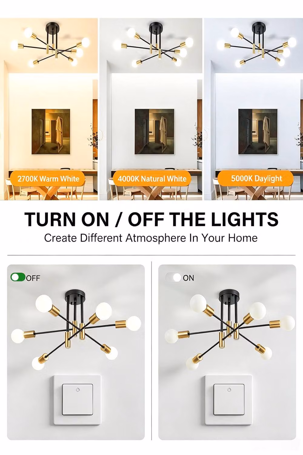 INMTFEI Modern 6 Light Sputnik Ceiling Light in Black and Gold with E27 Fixture – 3