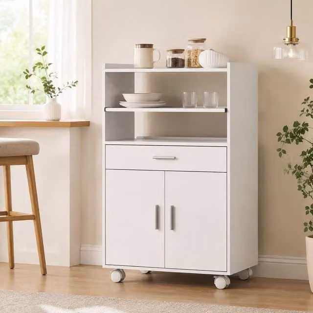 STILVORA Modern Glossy White Kitchen Trolley with Wheels, Drawer and Double Doors